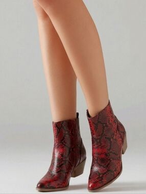 Red Snake-Print Pointed Toe Ankle Booties for Women